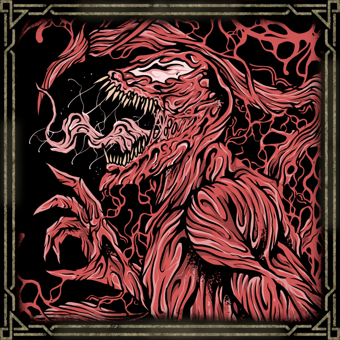 Artwork of Carnage Symbiote. Carnage is one of the most violent and dangerous symbiotes in the Marvel Universe, born from the offspring of Venom and bonded to serial killer Cletus Kasady. Fueled by chaos and bloodlust, Carnage possesses terrifying shape-shifting powers, overwhelming strength, and a complete disregard for morality or mercy.