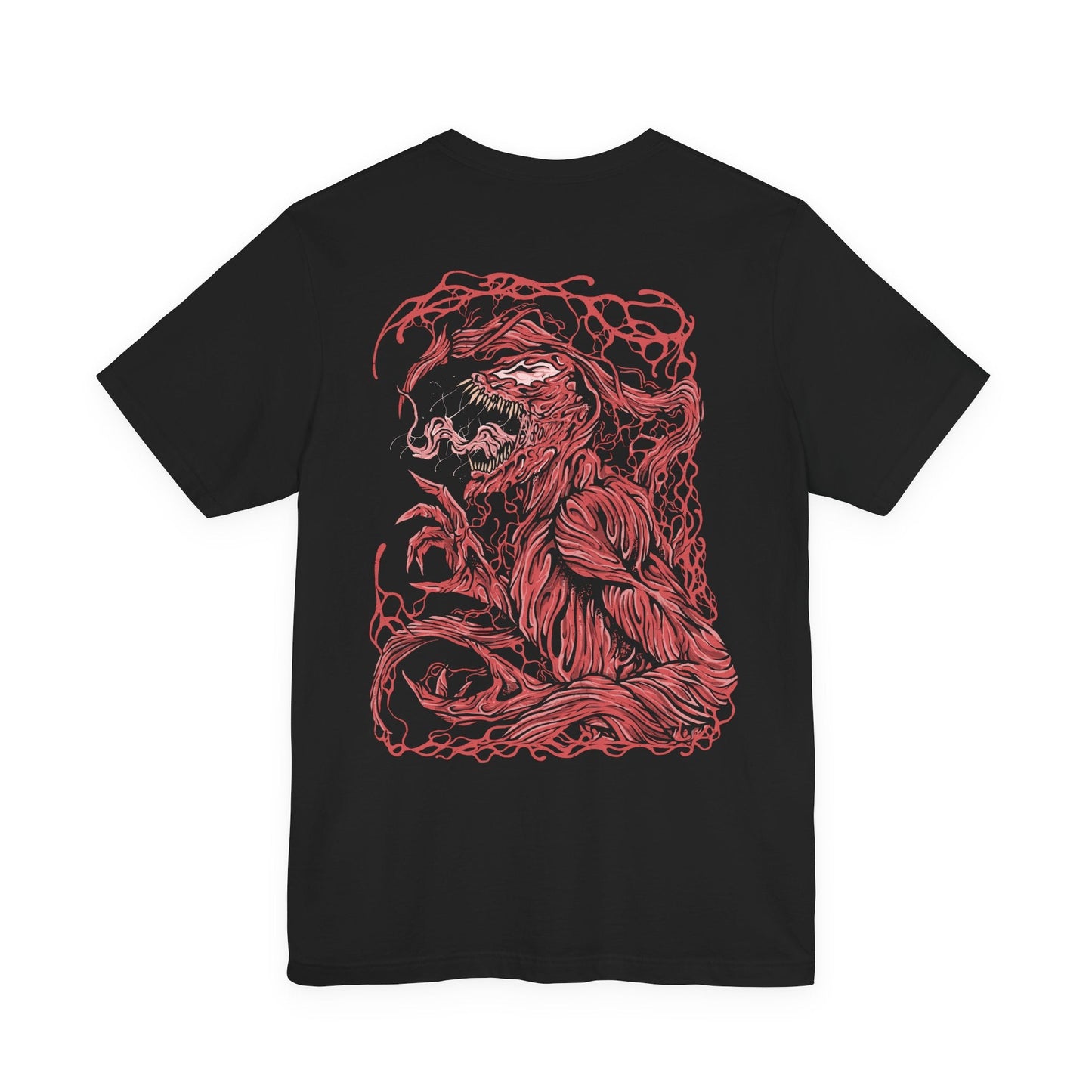 Image 5 of a T-Shirt artwork depicting Carnage lunging forward through a storm of blood-red symbiote tendrils, claws extended as the ground fractures beneath him. Black and crimson textures ripple across his body while sharp appendages form from living organic matter. This design reflects uncontrollable brutality, psychotic energy, and the savage nature of one of Marvel’s most dangerous symbiotes.