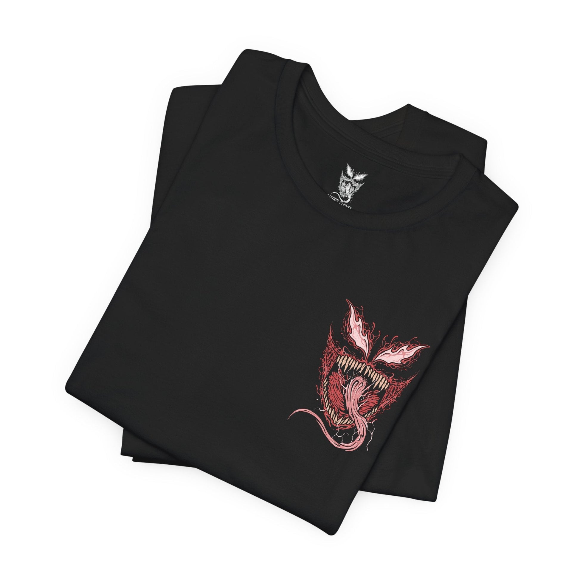 Image 6 of a T-Shirt artwork depicting Carnage lunging forward through a storm of blood-red symbiote tendrils, claws extended as the ground fractures beneath him. Black and crimson textures ripple across his body while sharp appendages form from living organic matter. This design reflects uncontrollable brutality, psychotic energy, and the savage nature of one of Marvel’s most dangerous symbiotes.