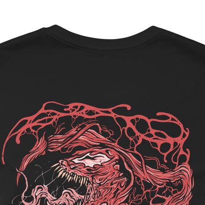 Image 7 of a T-Shirt artwork depicting Carnage lunging forward through a storm of blood-red symbiote tendrils, claws extended as the ground fractures beneath him. Black and crimson textures ripple across his body while sharp appendages form from living organic matter. This design reflects uncontrollable brutality, psychotic energy, and the savage nature of one of Marvel’s most dangerous symbiotes.