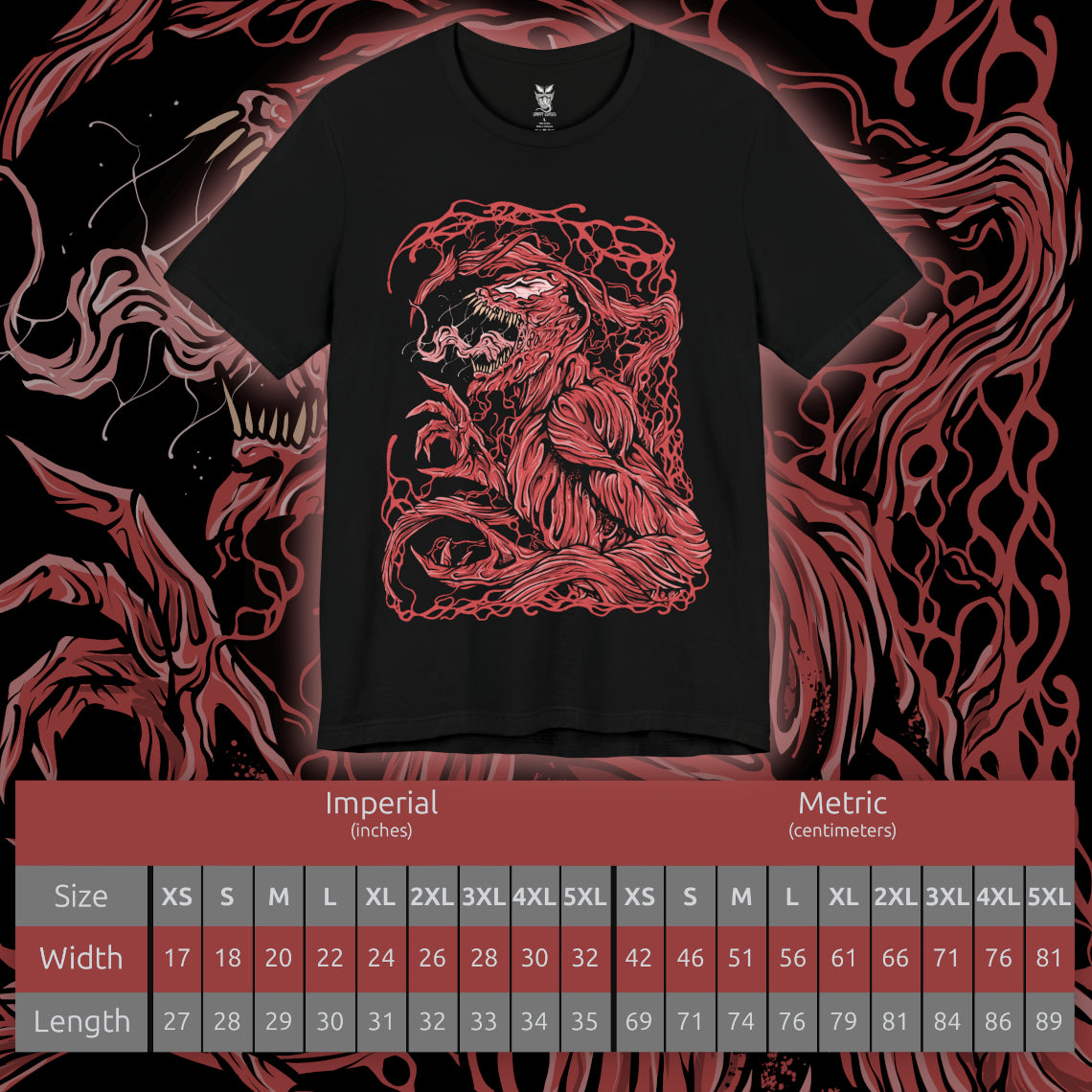 Size chart of a T-Shirt artwork depicting Carnage lunging forward through a storm of blood-red symbiote tendrils, claws extended as the ground fractures beneath him. Black and crimson textures ripple across his body while sharp appendages form from living organic matter. This design reflects uncontrollable brutality, psychotic energy, and the savage nature of one of Marvel’s most dangerous symbiotes.