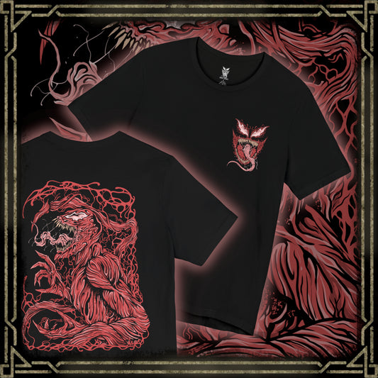 Thumbnail of a T-Shirt artwork depicting Carnage lunging forward through a storm of blood-red symbiote tendrils, claws extended as the ground fractures beneath him. Black and crimson textures ripple across his body while sharp appendages form from living organic matter. This design reflects uncontrollable brutality, psychotic energy, and the savage nature of one of Marvel’s most dangerous symbiotes.