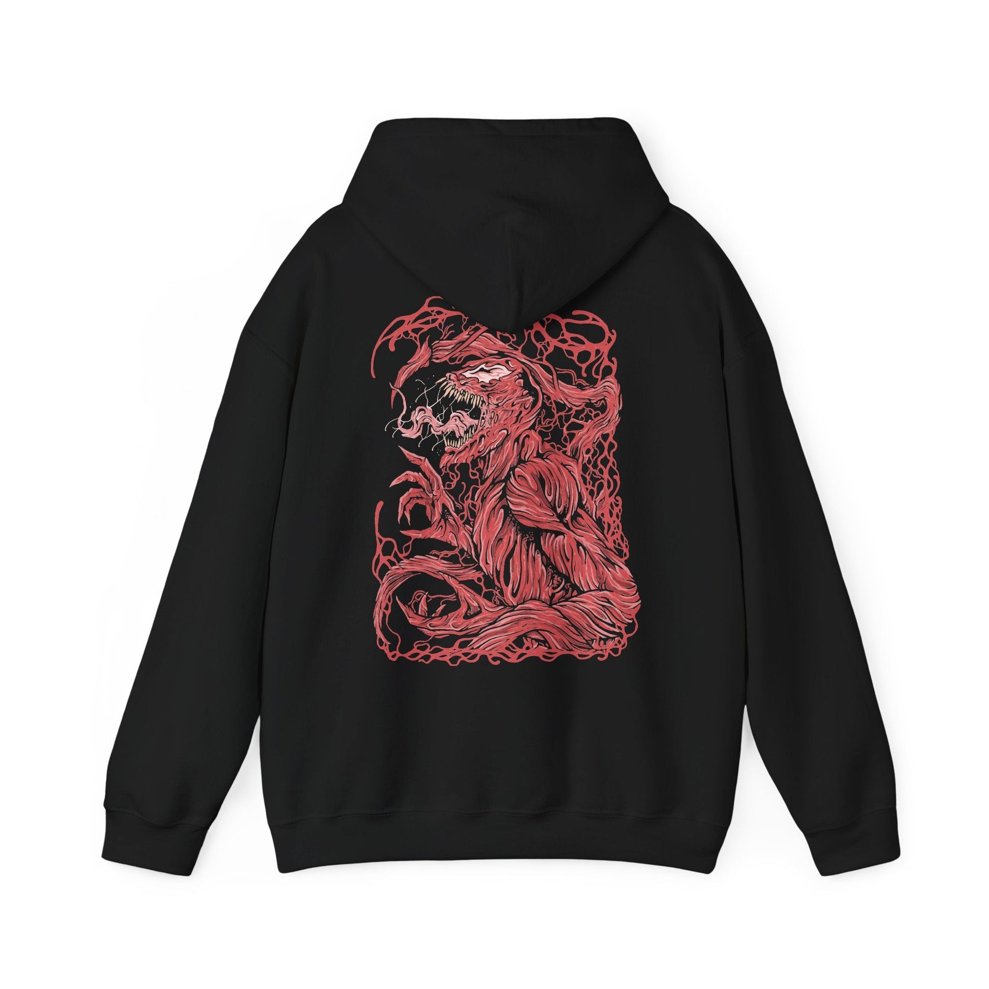 Image 5 of a Hooded Sweatshirt of Carnage standing amid destruction as symbiote blades and tendrils spiral outward from his body like living weapons. The crimson creature towers against a dark urban backdrop while debris and shadow surround him. The composition emphasizes horror, chaos, and the overwhelming bloodthirst that defines the Carnage symbiote’s terrifying existence.