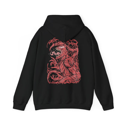 Image 5 of a Hooded Sweatshirt of Carnage standing amid destruction as symbiote blades and tendrils spiral outward from his body like living weapons. The crimson creature towers against a dark urban backdrop while debris and shadow surround him. The composition emphasizes horror, chaos, and the overwhelming bloodthirst that defines the Carnage symbiote’s terrifying existence.