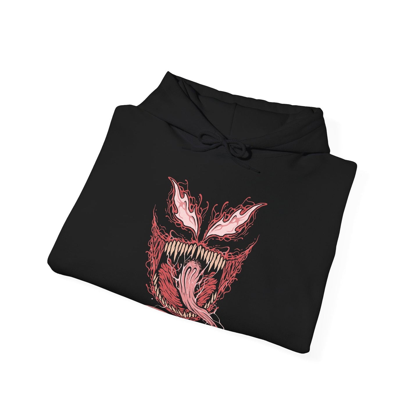 Image 6 of a Hooded Sweatshirt of Carnage standing amid destruction as symbiote blades and tendrils spiral outward from his body like living weapons. The crimson creature towers against a dark urban backdrop while debris and shadow surround him. The composition emphasizes horror, chaos, and the overwhelming bloodthirst that defines the Carnage symbiote’s terrifying existence.