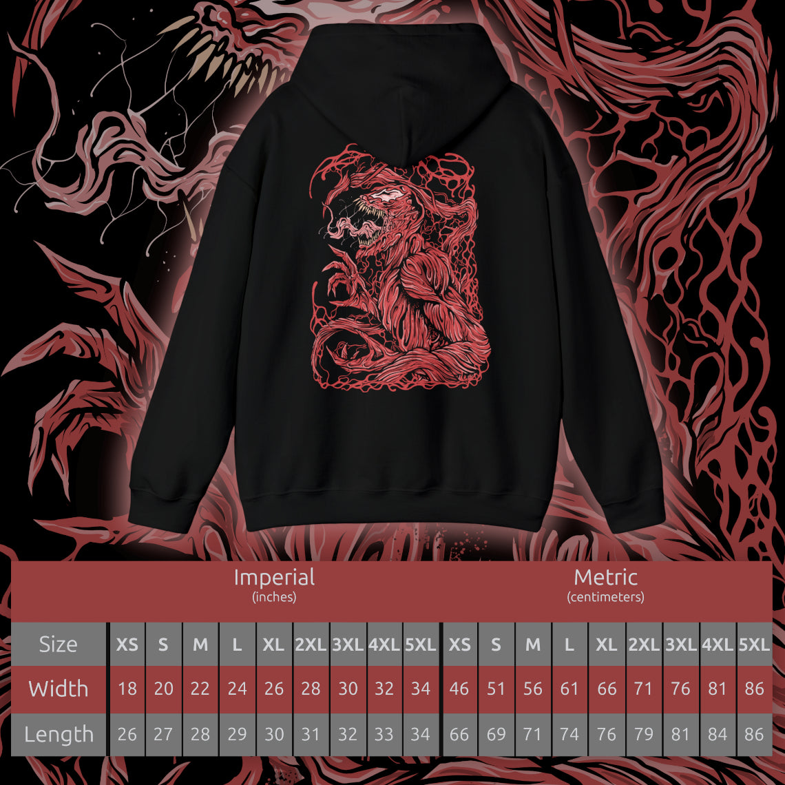 Size chart of a Hooded Sweatshirt of Carnage standing amid destruction as symbiote blades and tendrils spiral outward from his body like living weapons. The crimson creature towers against a dark urban backdrop while debris and shadow surround him. The composition emphasizes horror, chaos, and the overwhelming bloodthirst that defines the Carnage symbiote’s terrifying existence.