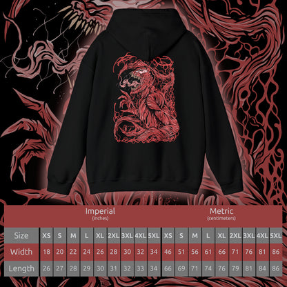 Size chart of a Hooded Sweatshirt of Carnage standing amid destruction as symbiote blades and tendrils spiral outward from his body like living weapons. The crimson creature towers against a dark urban backdrop while debris and shadow surround him. The composition emphasizes horror, chaos, and the overwhelming bloodthirst that defines the Carnage symbiote’s terrifying existence.