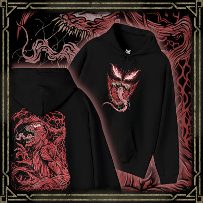 Thumbnail of a Hooded Sweatshirt of Carnage standing amid destruction as symbiote blades and tendrils spiral outward from his body like living weapons. The crimson creature towers against a dark urban backdrop while debris and shadow surround him. The composition emphasizes horror, chaos, and the overwhelming bloodthirst that defines the Carnage symbiote’s terrifying existence.