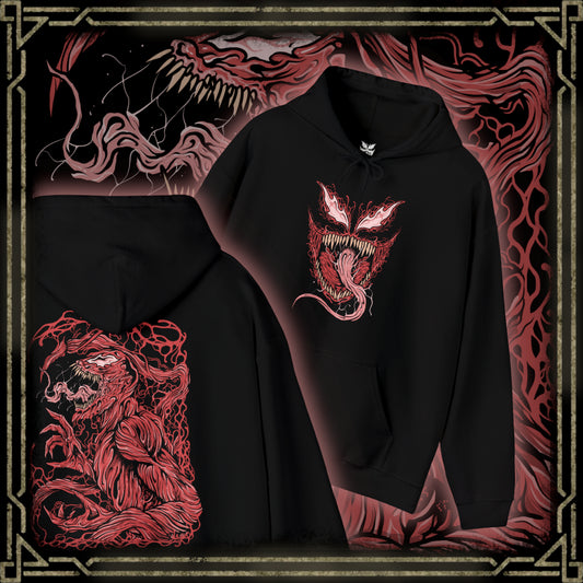 Thumbnail of a Hooded Sweatshirt of Carnage standing amid destruction as symbiote blades and tendrils spiral outward from his body like living weapons. The crimson creature towers against a dark urban backdrop while debris and shadow surround him. The composition emphasizes horror, chaos, and the overwhelming bloodthirst that defines the Carnage symbiote’s terrifying existence.