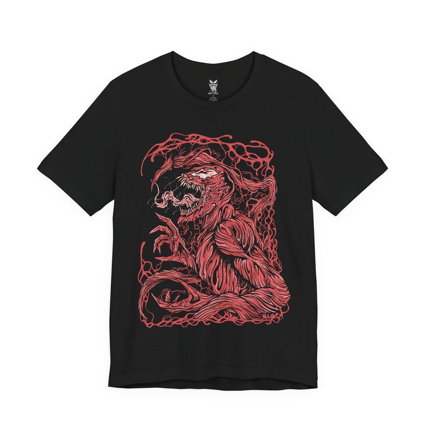 Image 4 of a T-Shirt design of Carnage from Marvel, the crimson symbiote erupting into jagged tendrils and razor-sharp blades as chaos unfolds around him. His glowing white eyes and monstrous grin cut through the darkness while living red biomass twists across his muscular frame. The design captures pure madness, unchecked violence, and the terrifying bond between the Carnage symbiote and its host.