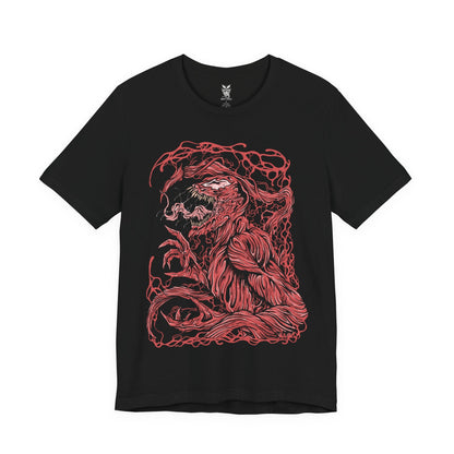 Image 4 of a T-Shirt design of Carnage from Marvel, the crimson symbiote erupting into jagged tendrils and razor-sharp blades as chaos unfolds around him. His glowing white eyes and monstrous grin cut through the darkness while living red biomass twists across his muscular frame. The design captures pure madness, unchecked violence, and the terrifying bond between the Carnage symbiote and its host.