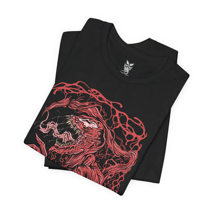 Image 5 of a T-Shirt design of Carnage from Marvel, the crimson symbiote erupting into jagged tendrils and razor-sharp blades as chaos unfolds around him. His glowing white eyes and monstrous grin cut through the darkness while living red biomass twists across his muscular frame. The design captures pure madness, unchecked violence, and the terrifying bond between the Carnage symbiote and its host.