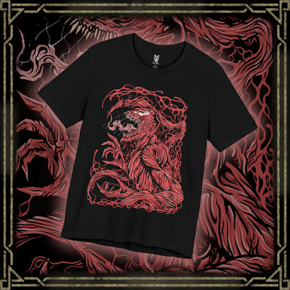 Thumbnail of a T-Shirt design of Carnage from Marvel, the crimson symbiote erupting into jagged tendrils and razor-sharp blades as chaos unfolds around him. His glowing white eyes and monstrous grin cut through the darkness while living red biomass twists across his muscular frame. The design captures pure madness, unchecked violence, and the terrifying bond between the Carnage symbiote and its host.