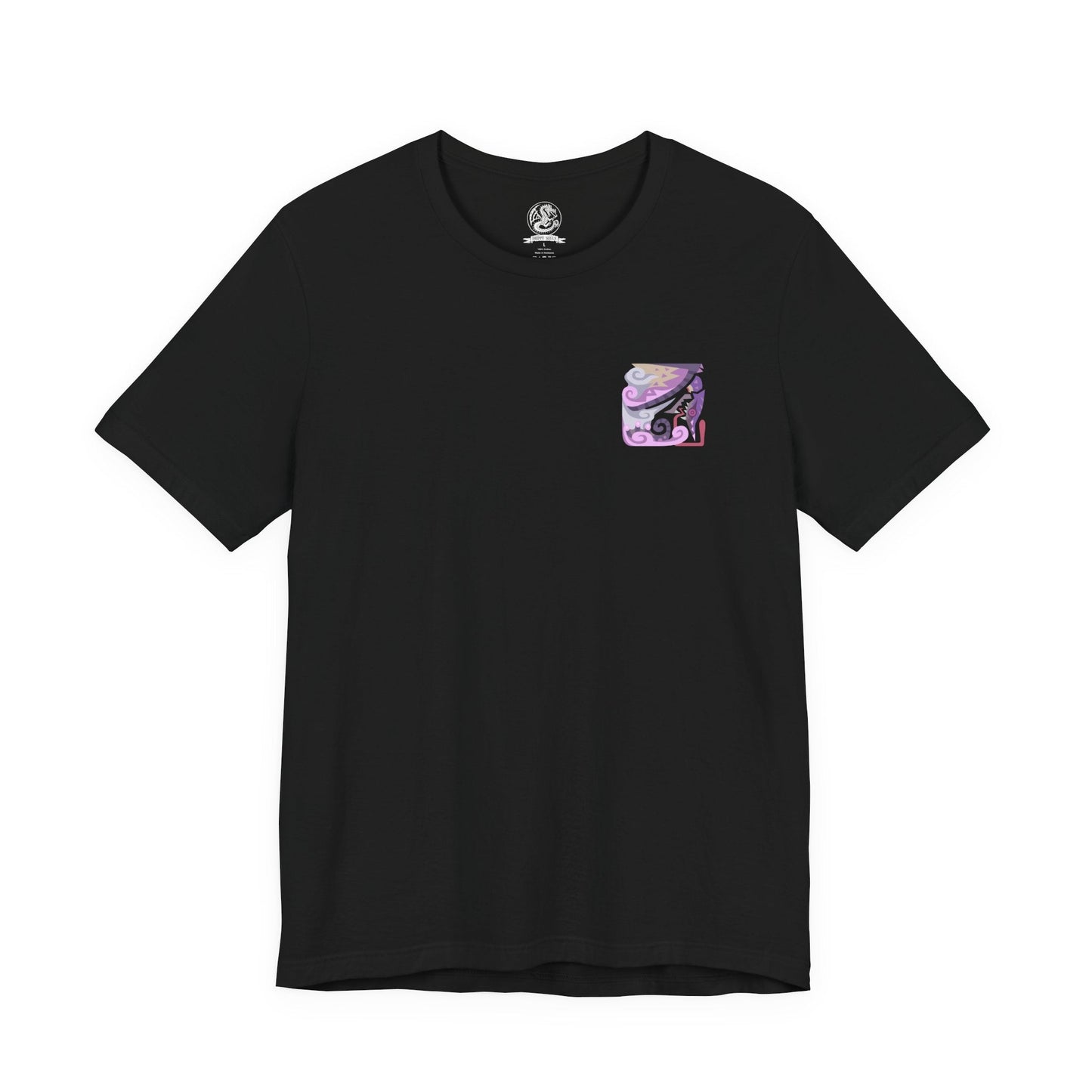 Image 4 of a T-Shirt artwork depicting Chameleos partially disappearing into a mist-covered forest, its translucent wings and shifting scales blending seamlessly with the surrounding vegetation. Poisonous clouds swirl around its body while glowing eyes emerge from the darkness. This design reflects the Elder Dragon's supernatural camouflage, stealth, and ability to confuse hunters before striking from the shadows.