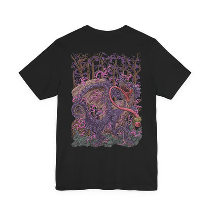 Image 5 of a T-Shirt artwork depicting Chameleos partially disappearing into a mist-covered forest, its translucent wings and shifting scales blending seamlessly with the surrounding vegetation. Poisonous clouds swirl around its body while glowing eyes emerge from the darkness. This design reflects the Elder Dragon's supernatural camouflage, stealth, and ability to confuse hunters before striking from the shadows.