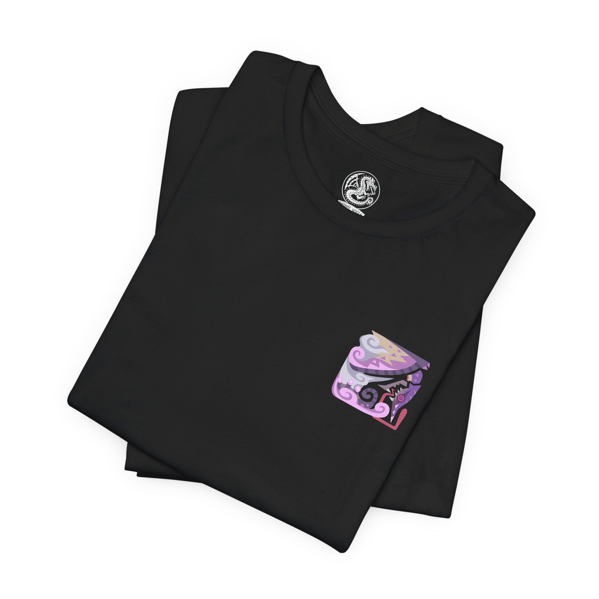 Image 6 of a T-Shirt artwork depicting Chameleos partially disappearing into a mist-covered forest, its translucent wings and shifting scales blending seamlessly with the surrounding vegetation. Poisonous clouds swirl around its body while glowing eyes emerge from the darkness. This design reflects the Elder Dragon's supernatural camouflage, stealth, and ability to confuse hunters before striking from the shadows.