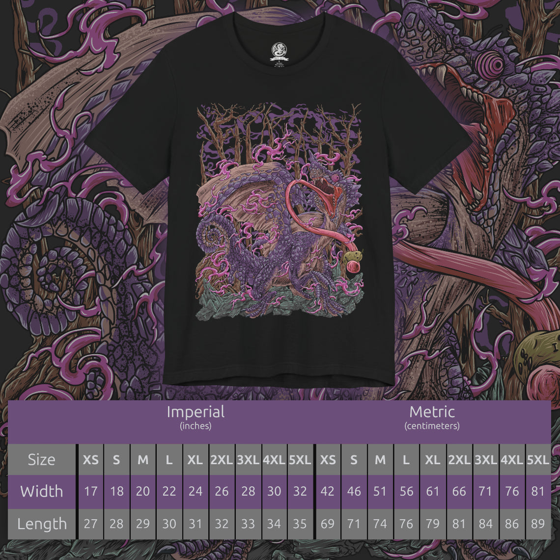 Size chart of a T-Shirt artwork depicting Chameleos partially disappearing into a mist-covered forest, its translucent wings and shifting scales blending seamlessly with the surrounding vegetation. Poisonous clouds swirl around its body while glowing eyes emerge from the darkness. This design reflects the Elder Dragon's supernatural camouflage, stealth, and ability to confuse hunters before striking from the shadows.