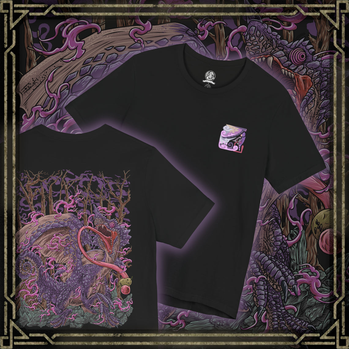 Thumbnail of a T-Shirt artwork depicting Chameleos partially disappearing into a mist-covered forest, its translucent wings and shifting scales blending seamlessly with the surrounding vegetation. Poisonous clouds swirl around its body while glowing eyes emerge from the darkness. This design reflects the Elder Dragon's supernatural camouflage, stealth, and ability to confuse hunters before striking from the shadows.