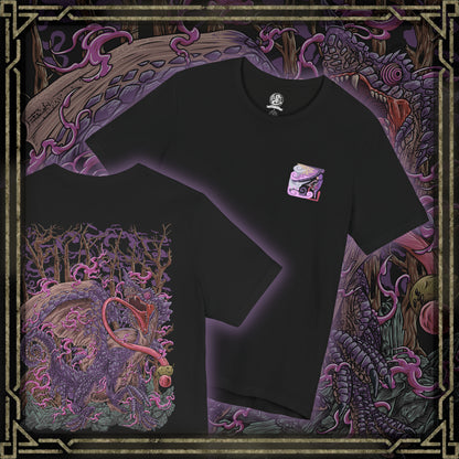 Thumbnail of a T-Shirt artwork depicting Chameleos partially disappearing into a mist-covered forest, its translucent wings and shifting scales blending seamlessly with the surrounding vegetation. Poisonous clouds swirl around its body while glowing eyes emerge from the darkness. This design reflects the Elder Dragon's supernatural camouflage, stealth, and ability to confuse hunters before striking from the shadows.
