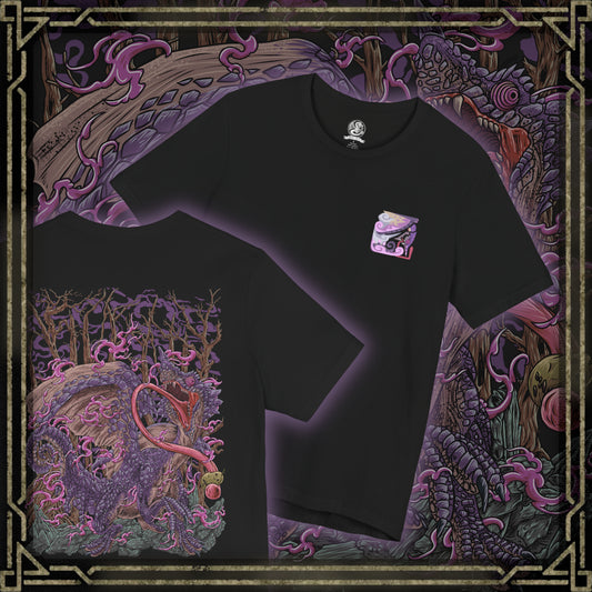 Thumbnail of a T-Shirt artwork depicting Chameleos partially disappearing into a mist-covered forest, its translucent wings and shifting scales blending seamlessly with the surrounding vegetation. Poisonous clouds swirl around its body while glowing eyes emerge from the darkness. This design reflects the Elder Dragon's supernatural camouflage, stealth, and ability to confuse hunters before striking from the shadows.