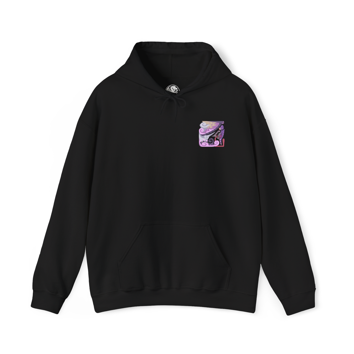 Image 4 of a Hooded Sweatshirt of Chameleos looming through an enchanted woodland beneath a dark, fog-filled sky, its colorful scales reflecting eerie light as poisonous mist spreads across the forest floor. Its curled horns, enormous wings, and long tongue create a mysterious silhouette within the haze. The composition emphasizes illusion, toxicity, and the strange beauty of one of Monster Hunter's most elusive Elder Dragons.
