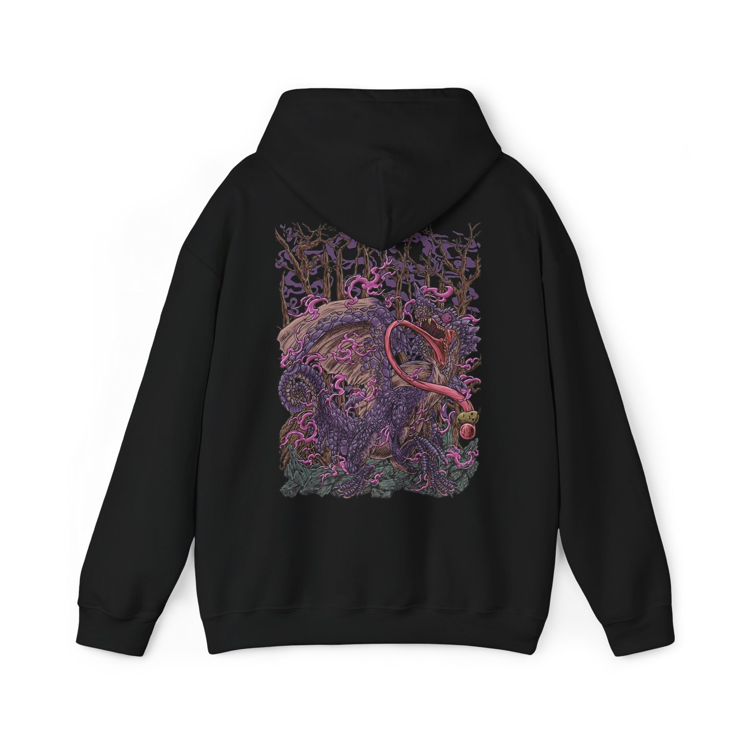 Image 5 of a Hooded Sweatshirt of Chameleos looming through an enchanted woodland beneath a dark, fog-filled sky, its colorful scales reflecting eerie light as poisonous mist spreads across the forest floor. Its curled horns, enormous wings, and long tongue create a mysterious silhouette within the haze. The composition emphasizes illusion, toxicity, and the strange beauty of one of Monster Hunter's most elusive Elder Dragons.