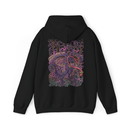 Image 5 of a Hooded Sweatshirt of Chameleos looming through an enchanted woodland beneath a dark, fog-filled sky, its colorful scales reflecting eerie light as poisonous mist spreads across the forest floor. Its curled horns, enormous wings, and long tongue create a mysterious silhouette within the haze. The composition emphasizes illusion, toxicity, and the strange beauty of one of Monster Hunter's most elusive Elder Dragons.