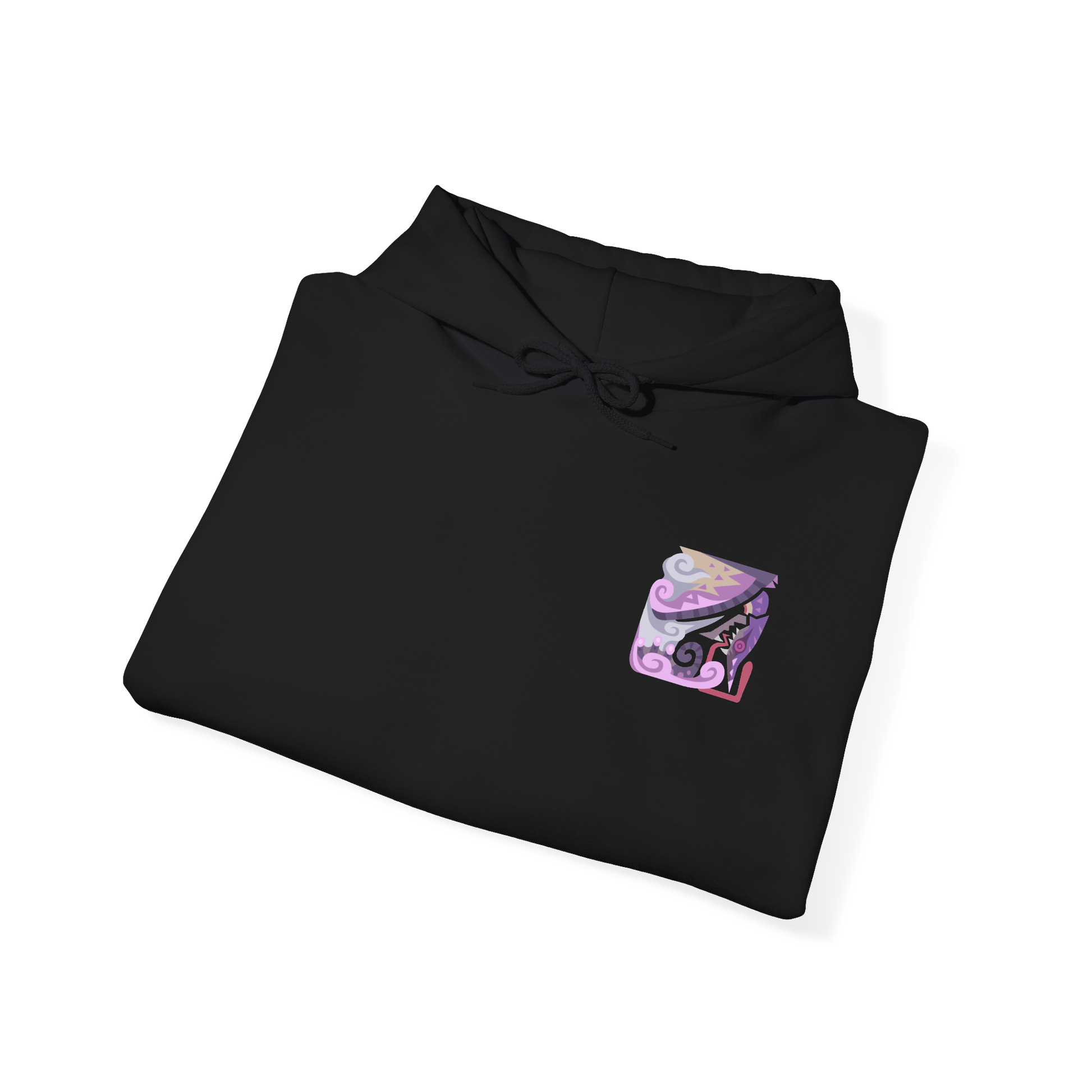 Image 6 of a Hooded Sweatshirt of Chameleos looming through an enchanted woodland beneath a dark, fog-filled sky, its colorful scales reflecting eerie light as poisonous mist spreads across the forest floor. Its curled horns, enormous wings, and long tongue create a mysterious silhouette within the haze. The composition emphasizes illusion, toxicity, and the strange beauty of one of Monster Hunter's most elusive Elder Dragons.