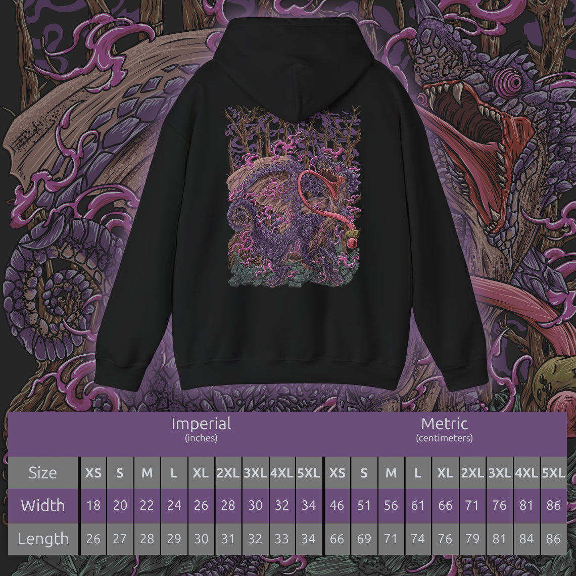 Size chart of a Hooded Sweatshirt of Chameleos looming through an enchanted woodland beneath a dark, fog-filled sky, its colorful scales reflecting eerie light as poisonous mist spreads across the forest floor. Its curled horns, enormous wings, and long tongue create a mysterious silhouette within the haze. The composition emphasizes illusion, toxicity, and the strange beauty of one of Monster Hunter's most elusive Elder Dragons.