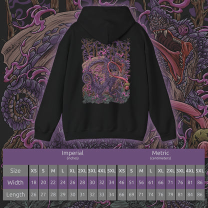 Size chart of a Hooded Sweatshirt of Chameleos looming through an enchanted woodland beneath a dark, fog-filled sky, its colorful scales reflecting eerie light as poisonous mist spreads across the forest floor. Its curled horns, enormous wings, and long tongue create a mysterious silhouette within the haze. The composition emphasizes illusion, toxicity, and the strange beauty of one of Monster Hunter's most elusive Elder Dragons.