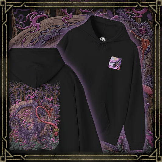 Thumbnail of a Hooded Sweatshirt of Chameleos looming through an enchanted woodland beneath a dark, fog-filled sky, its colorful scales reflecting eerie light as poisonous mist spreads across the forest floor. Its curled horns, enormous wings, and long tongue create a mysterious silhouette within the haze. The composition emphasizes illusion, toxicity, and the strange beauty of one of Monster Hunter's most elusive Elder Dragons.