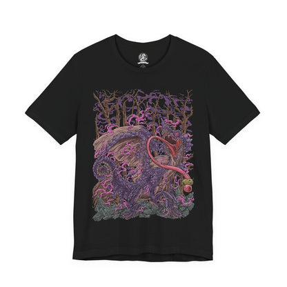 Image 4 of a T-Shirt design of Chameleos from Monster Hunter, the mysterious Elder Dragon emerging from a dense forest mist as its iridescent scales shimmer between green, purple, and blue. Toxic vapor coils around its massive body while its long tongue reaches through the fog. The design captures Chameleos' mastery of camouflage, poison, and deception, embodying the elusive nature of one of Monster Hunter's most enigmatic Elder Dragons.