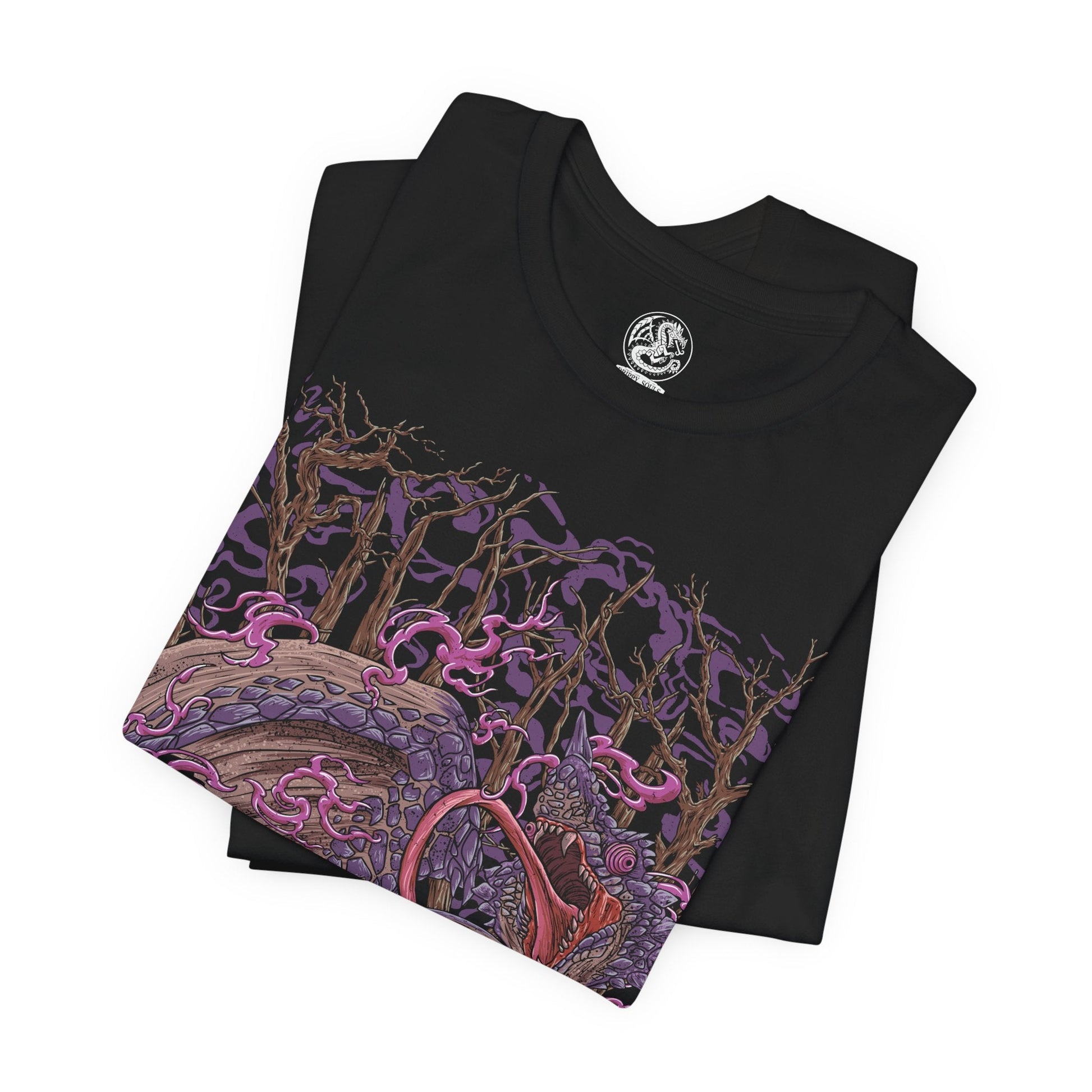 Image 5 of a T-Shirt design of Chameleos from Monster Hunter, the mysterious Elder Dragon emerging from a dense forest mist as its iridescent scales shimmer between green, purple, and blue. Toxic vapor coils around its massive body while its long tongue reaches through the fog. The design captures Chameleos' mastery of camouflage, poison, and deception, embodying the elusive nature of one of Monster Hunter's most enigmatic Elder Dragons.