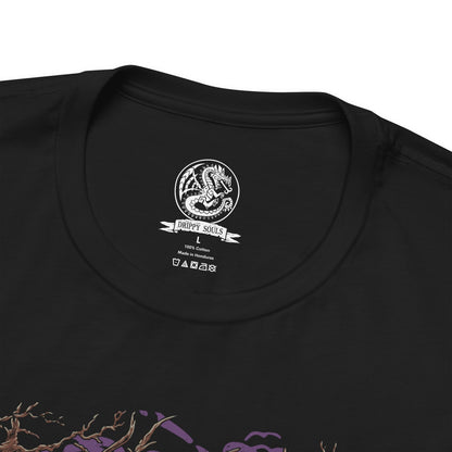 Folded T-Shirt design of Chameleos from Monster Hunter, the mysterious Elder Dragon emerging from a dense forest mist as its iridescent scales shimmer between green, purple, and blue. Toxic vapor coils around its massive body while its long tongue reaches through the fog. The design captures Chameleos' mastery of camouflage, poison, and deception, embodying the elusive nature of one of Monster Hunter's most enigmatic Elder Dragons.