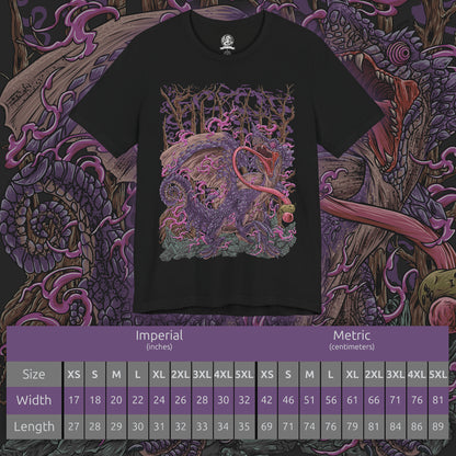 Size chart of a T-Shirt design of Chameleos from Monster Hunter, the mysterious Elder Dragon emerging from a dense forest mist as its iridescent scales shimmer between green, purple, and blue. Toxic vapor coils around its massive body while its long tongue reaches through the fog. The design captures Chameleos' mastery of camouflage, poison, and deception, embodying the elusive nature of one of Monster Hunter's most enigmatic Elder Dragons.