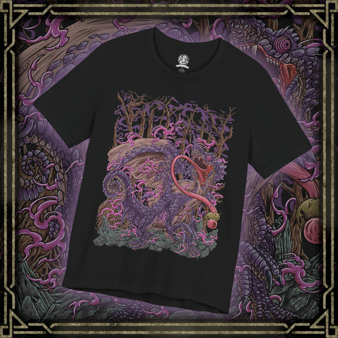 Thumbnail of a T-Shirt design of Chameleos from Monster Hunter, the mysterious Elder Dragon emerging from a dense forest mist as its iridescent scales shimmer between green, purple, and blue. Toxic vapor coils around its massive body while its long tongue reaches through the fog. The design captures Chameleos' mastery of camouflage, poison, and deception, embodying the elusive nature of one of Monster Hunter's most enigmatic Elder Dragons.