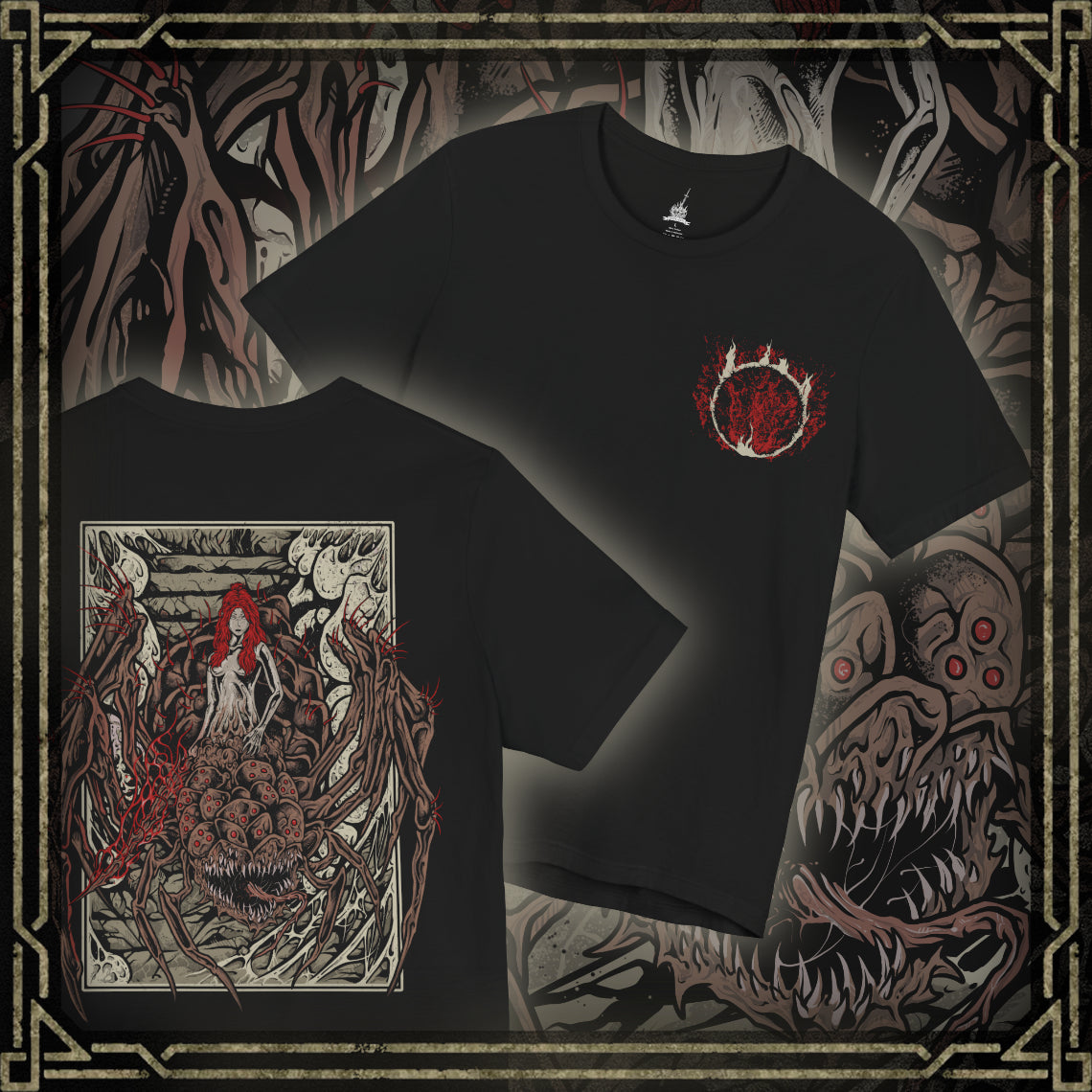 Thumbnail of a Dark Souls T-shirt showcasing Quelaag, the Chaos Witch cursed to a spider’s body after embracing the power of the Chaos Flame. Residing in the depths of Blighttown, she serves as both fearsome foe and tragic protector of her kin. This artwork reflects her fiery attacks, grotesque form, and tragic role in the Witch of Izalith’s legacy.