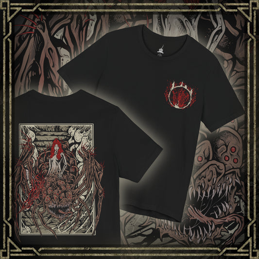 Thumbnail of a Dark Souls T-shirt showcasing Quelaag, the Chaos Witch cursed to a spider’s body after embracing the power of the Chaos Flame. Residing in the depths of Blighttown, she serves as both fearsome foe and tragic protector of her kin. This artwork reflects her fiery attacks, grotesque form, and tragic role in the Witch of Izalith’s legacy.