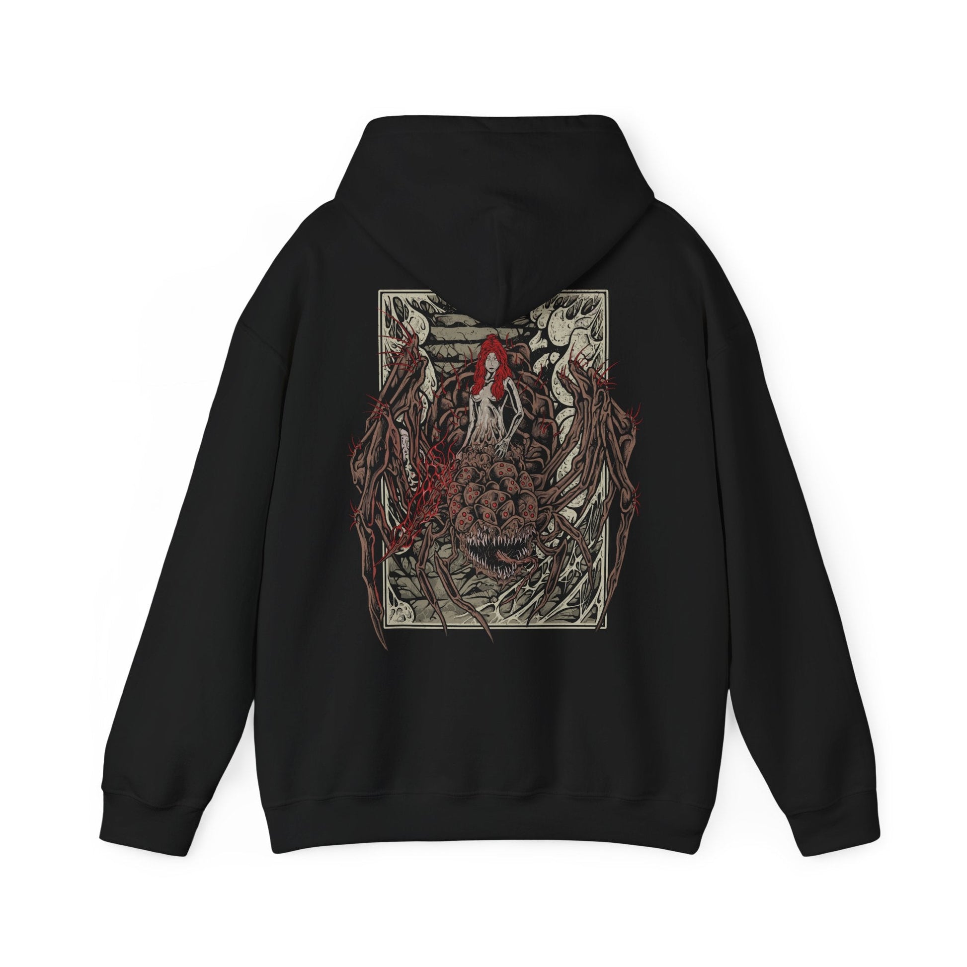 Image 5 of a Hooded Sweatshirt featuring Chaos Witch Quelaag from Dark Souls, a terrifying boss who blends sorcery, fire, and monstrous form. Once a daughter of Izalith, Quelaag became a guardian to her ailing sister, sacrificing her humanity to endure. This design embodies her duality as both fearsome opponent and tragic figure in the corrupted age of Chaos.