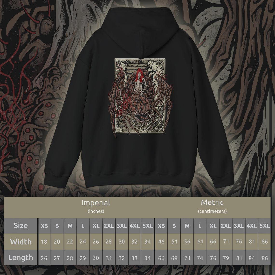 Size chart of a Hooded Sweatshirt featuring Chaos Witch Quelaag from Dark Souls, a terrifying boss who blends sorcery, fire, and monstrous form. Once a daughter of Izalith, Quelaag became a guardian to her ailing sister, sacrificing her humanity to endure. This design embodies her duality as both fearsome opponent and tragic figure in the corrupted age of Chaos.