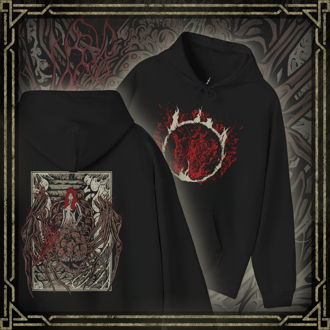 Thumbnail of a Hooded Sweatshirt featuring Chaos Witch Quelaag from Dark Souls, a terrifying boss who blends sorcery, fire, and monstrous form. Once a daughter of Izalith, Quelaag became a guardian to her ailing sister, sacrificing her humanity to endure. This design embodies her duality as both fearsome opponent and tragic figure in the corrupted age of Chaos.