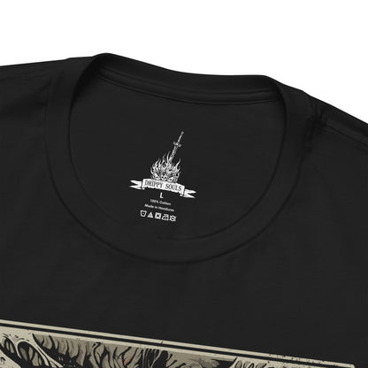 Folded T-shirt featuring Chaos Witch Quelaag from Dark Souls, the fearsome half-woman, half-spider guardian of Blighttown. Twisted by the Chaos Flame, she protects her sister while luring unwary Undead into her lair of fire and poison. This design captures her haunting fusion of beauty and monstrosity, a symbol of sacrifice and corruption.