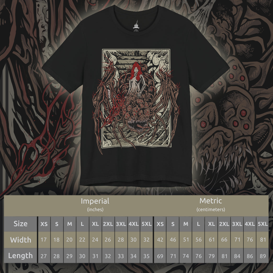 Size chart of a T-shirt featuring Chaos Witch Quelaag from Dark Souls, the fearsome half-woman, half-spider guardian of Blighttown. Twisted by the Chaos Flame, she protects her sister while luring unwary Undead into her lair of fire and poison. This design captures her haunting fusion of beauty and monstrosity, a symbol of sacrifice and corruption.