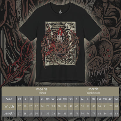 Size chart of a T-shirt featuring Chaos Witch Quelaag from Dark Souls, the fearsome half-woman, half-spider guardian of Blighttown. Twisted by the Chaos Flame, she protects her sister while luring unwary Undead into her lair of fire and poison. This design captures her haunting fusion of beauty and monstrosity, a symbol of sacrifice and corruption.