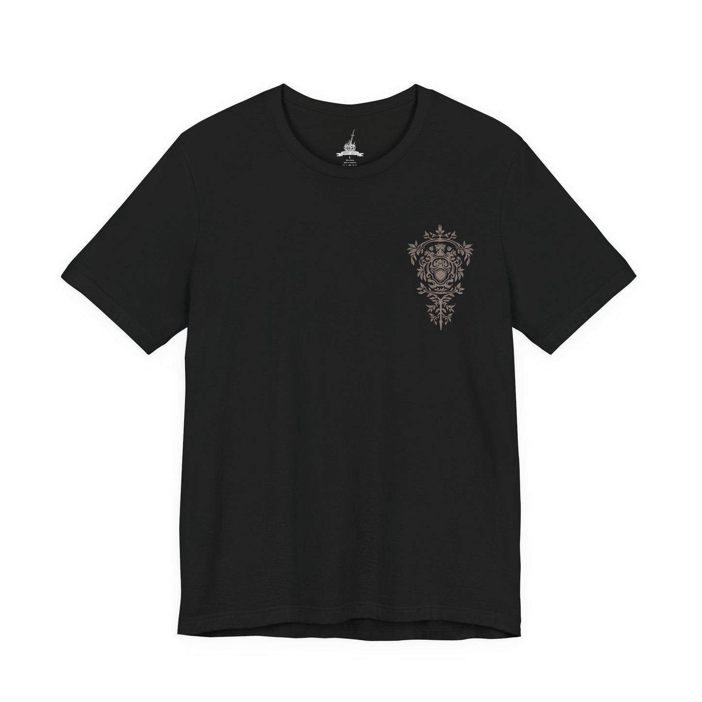 Image 4 of a T-shirt showcasing the Chosen Undead within Firelink Shrine, the central resting place of Dark Souls. Amid the ruined stonework and eternal bonfire, the hero prepares for battles against gods, dragons, and abyssal horrors. This artwork reflects the atmosphere of despair and resolve that defines the Undead’s fated quest.