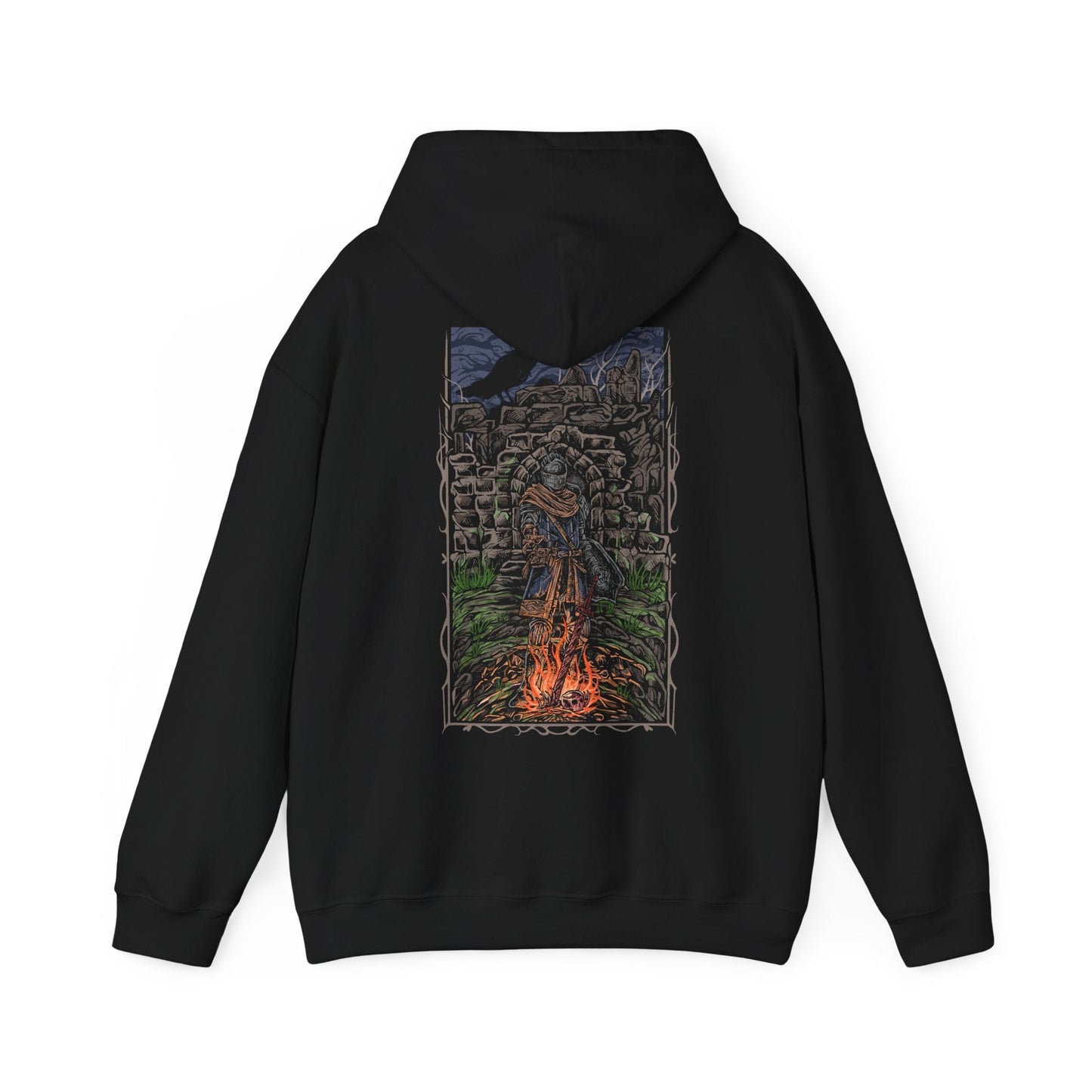 Image 5 of a Dark Souls Hooded Sweatshirt featuring the Chosen Undead at Firelink Shrine, the haunting sanctuary where journeys begin and legends end. With its hollowed architecture and ever-burning flame, the shrine stands as both home and reminder of destiny. This design honors the cursed warrior’s role in shaping the Age of Fire and beyond.