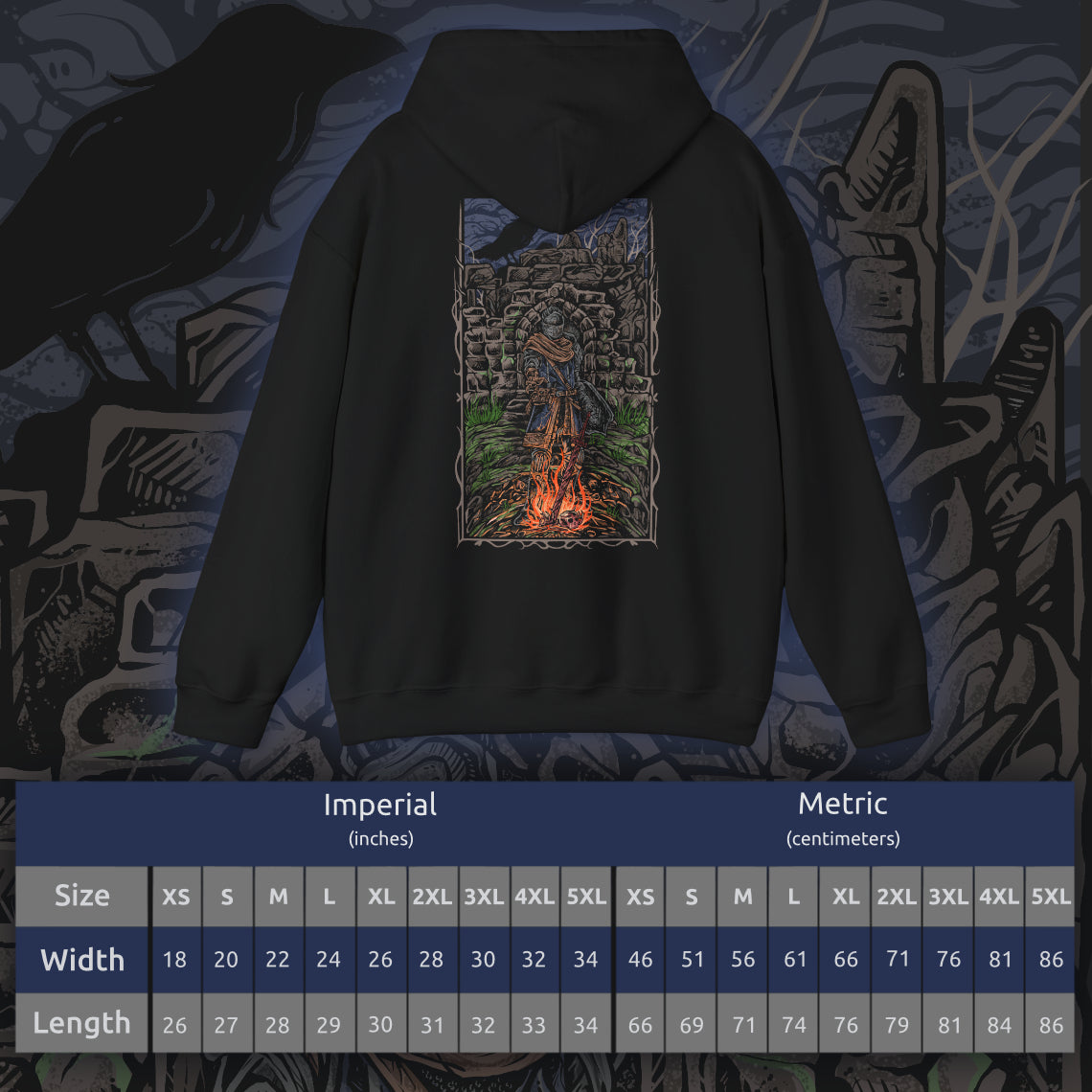 Size chart of a Dark Souls Hooded Sweatshirt featuring the Chosen Undead at Firelink Shrine, the haunting sanctuary where journeys begin and legends end. With its hollowed architecture and ever-burning flame, the shrine stands as both home and reminder of destiny. This design honors the cursed warrior’s role in shaping the Age of Fire and beyond.