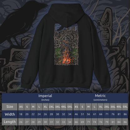 Size chart of a Dark Souls Hooded Sweatshirt featuring the Chosen Undead at Firelink Shrine, the haunting sanctuary where journeys begin and legends end. With its hollowed architecture and ever-burning flame, the shrine stands as both home and reminder of destiny. This design honors the cursed warrior’s role in shaping the Age of Fire and beyond.