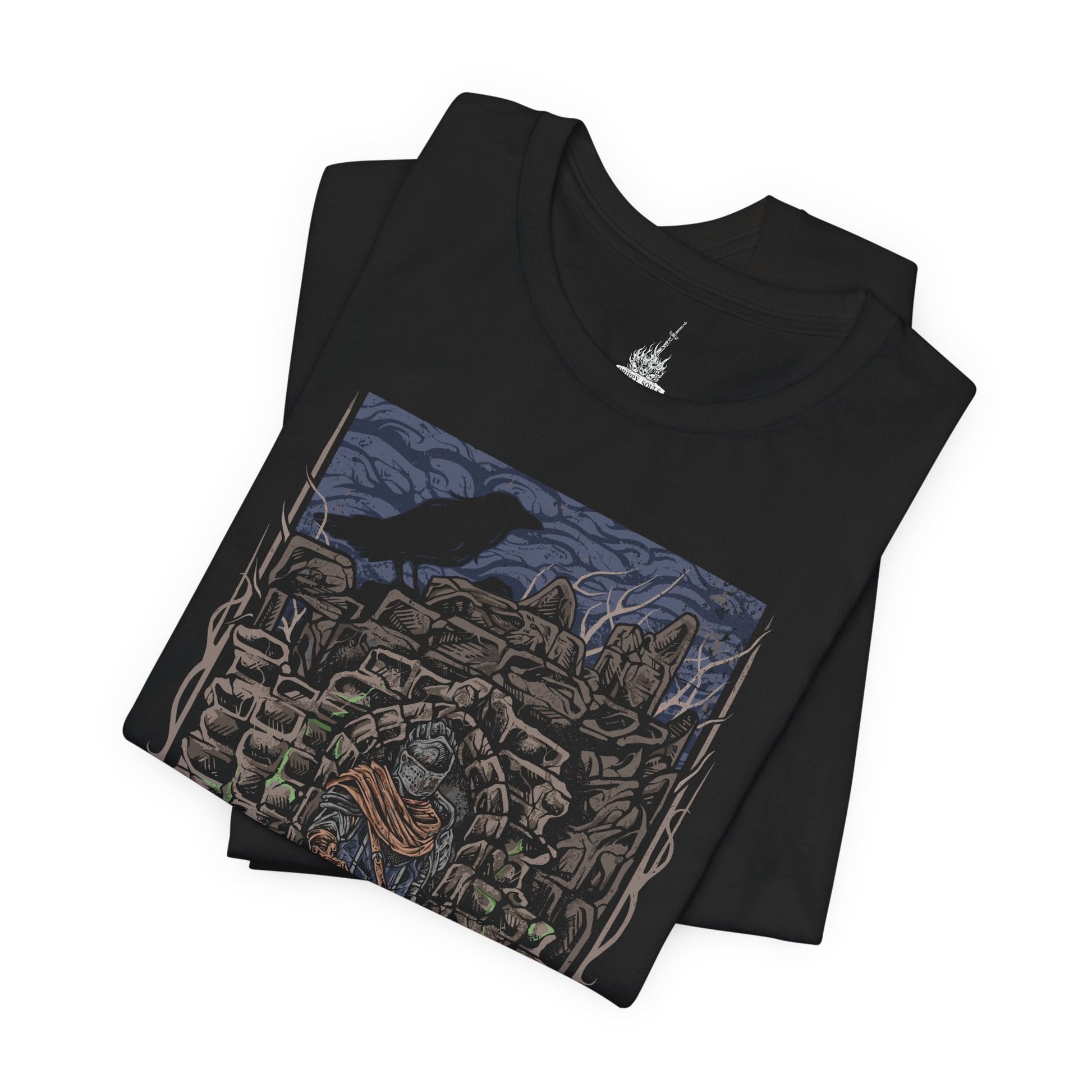 Image 5 of a T-shirt featuring the Chosen Undead at Firelink Shrine from Dark Souls, the weary hero resting at the hub of Lordran’s journey. Surrounded by crumbling ruins, the bonfire burns as a fragile beacon of hope in a dying world. This design captures the solitude, determination, and quiet reflection of the Undead’s cursed pilgrimage.