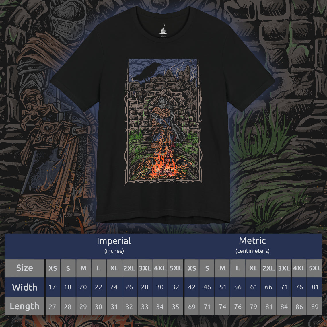 Size chart of a T-shirt featuring the Chosen Undead at Firelink Shrine from Dark Souls, the weary hero resting at the hub of Lordran’s journey. Surrounded by crumbling ruins, the bonfire burns as a fragile beacon of hope in a dying world. This design captures the solitude, determination, and quiet reflection of the Undead’s cursed pilgrimage.